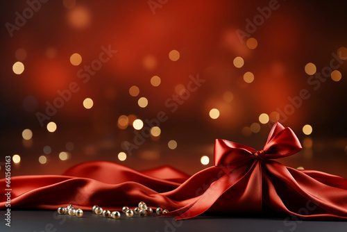 Elegant red fabric bow on red bokeh effect background with space for inserting text and logos, Christmas theme