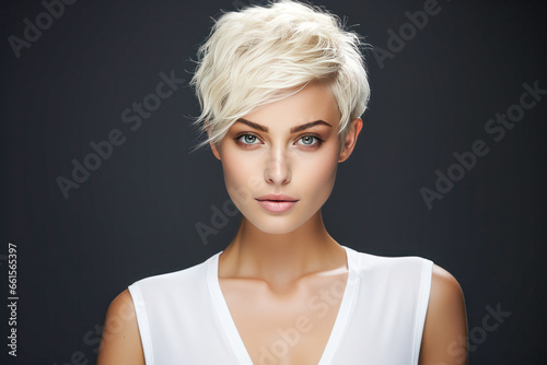 Confident platinum blonde woman in white one-shoulder top.