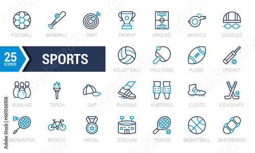 Set of sport equipment icons. Two Color icons pack. Vector illustration.