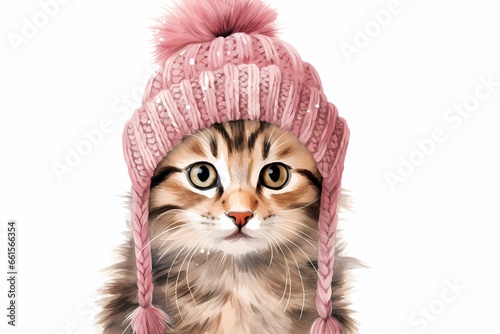 Cute cat in a pink hat on a white background