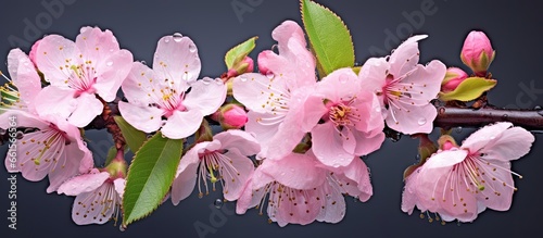 Close up photo of a branch with pink flowers and water droplets With copyspace for text