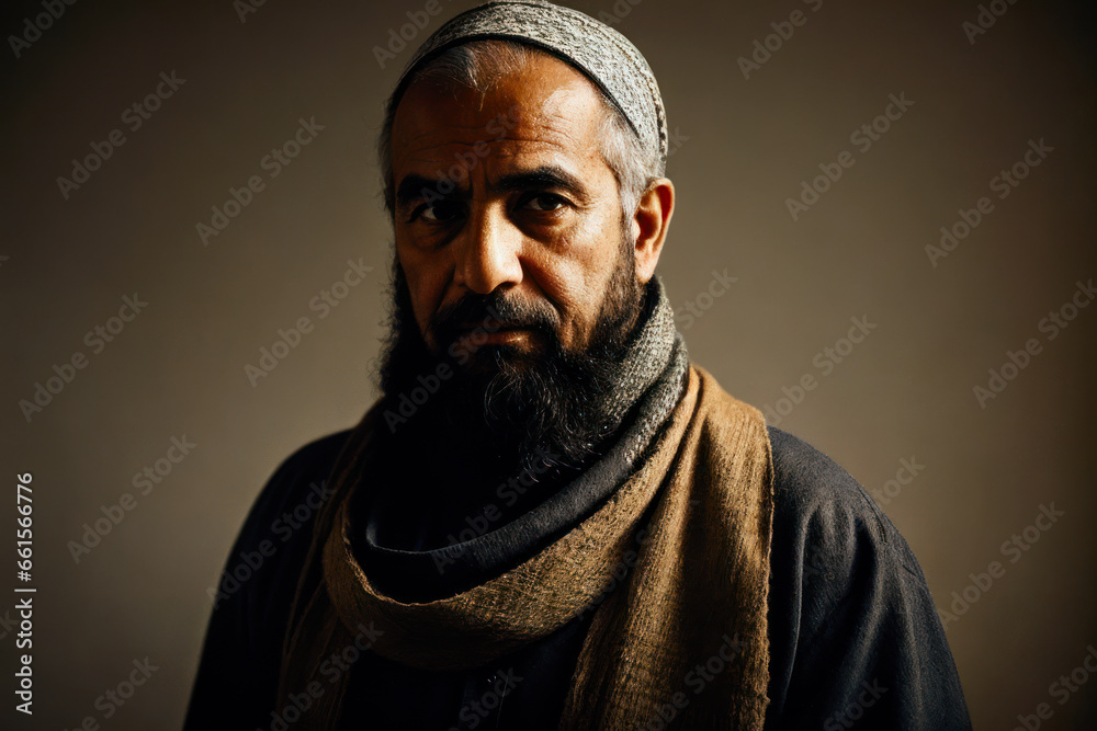 Portrait of the of the old age, bearded Middle Eastern man wearing keffiyeh, traditional clothing. Concept of active age