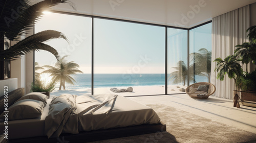 Bedroom with a view of the ocean and palm trees.