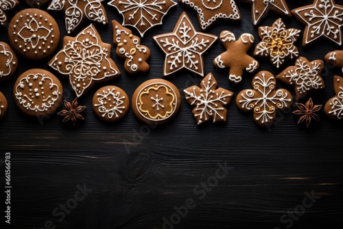 Christmas gingerbread cookies on a black background, with copy space for text