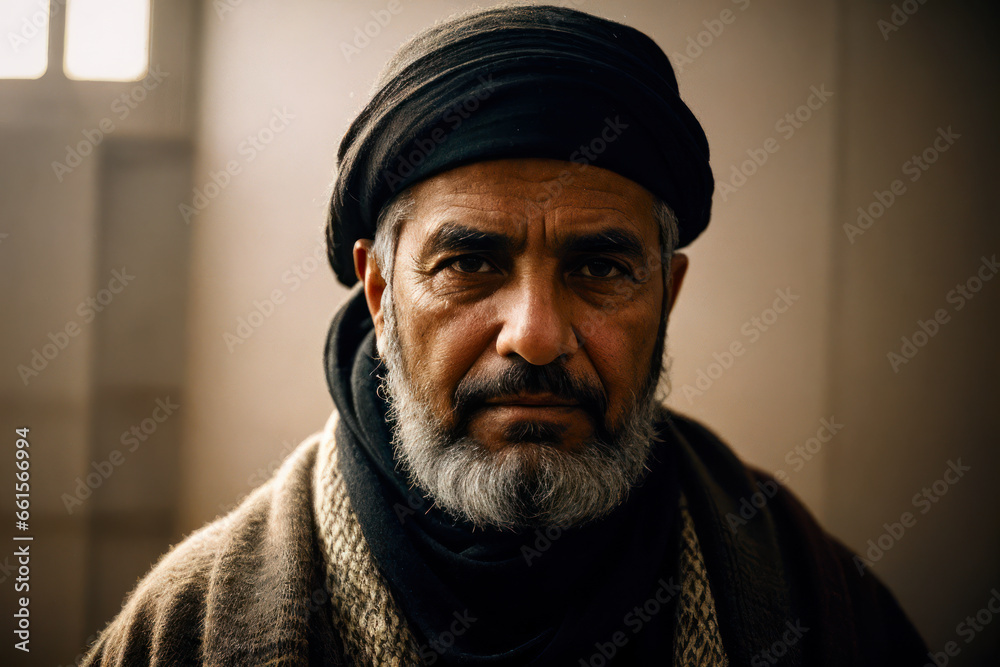 Portrait of the of the old age, bearded Middle Eastern man wearing keffiyeh, traditional clothing. Concept of active age Portrait of the of the old age, bearded Middle Eastern man wearing keffiyeh, traditional clothing. Concept of active age