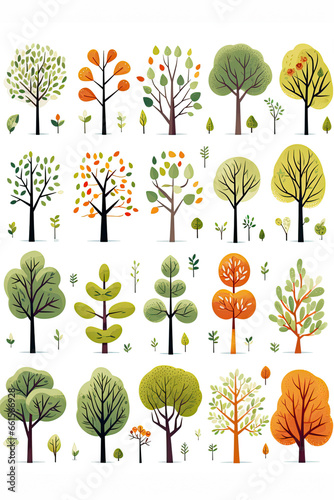 Assorted trees of different types illustration style isolated on a white background