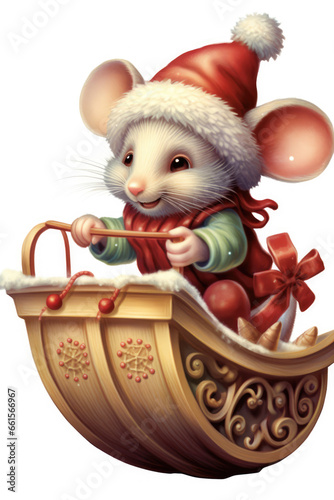Cute little mouse wearing a Santa hat in a sleigh isolated on a white background