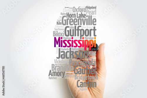List of cities in Mississippi USA state, map silhouette word cloud map concept photo