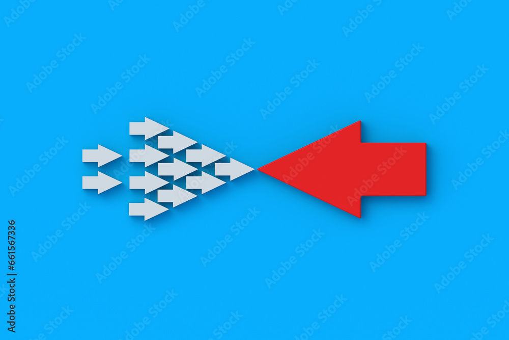 Competition between quantity and quality. An unequal confrontation. Movement against social opinion. Uniting against one enemy. Many small white arrows and one big red arrow. 3d render Competition between quantity and quality. An unequal confrontation. Movement against social opinion. Uniting against one enemy. Many small white arrows and one big red arrow. 3d render