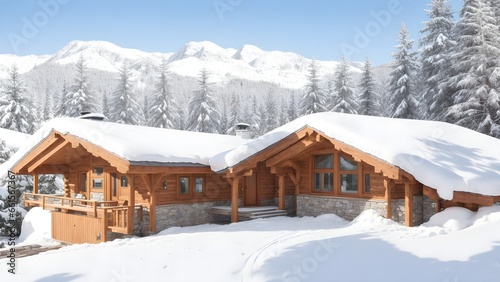 Wooden house in the mountains in snowy landscape 