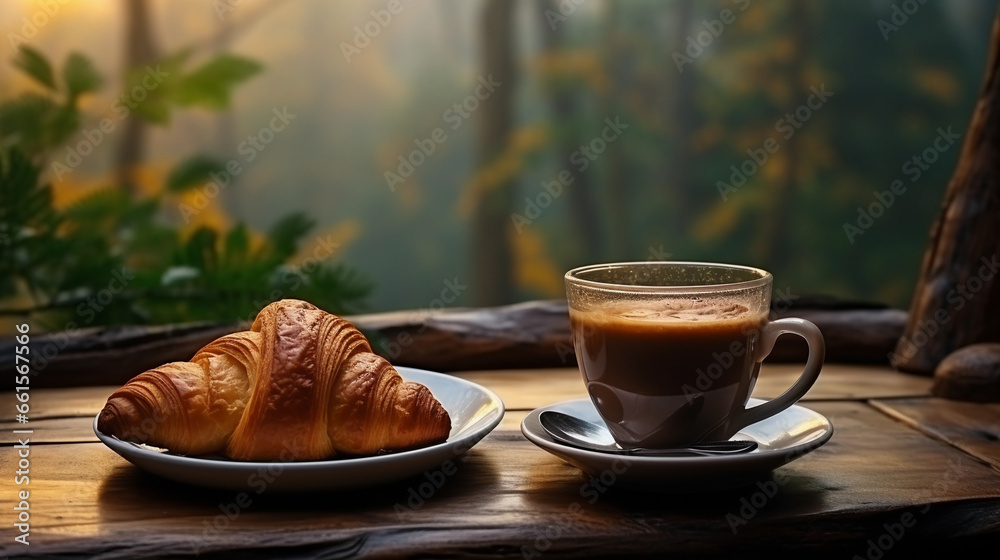 A cup of coffee next to a croissant, a beautiful natural background. A cup of coffee next to a croissant, a beautiful natural background.