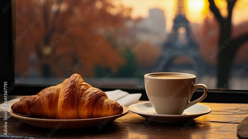 A cup of coffee next to a croissant, a beautiful natural background. A cup of coffee next to a croissant, a beautiful natural background.