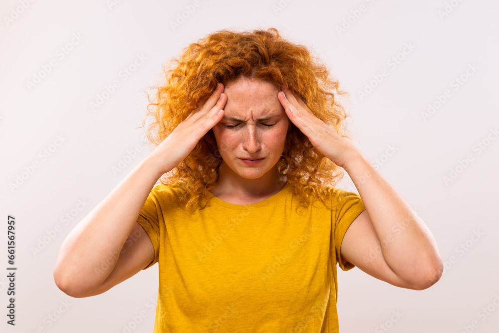 Ginger woman is having headache. Ginger woman is having headache.