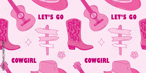 Pink cowgirl seamless pattern. Set of wild west pattern in pink color. Retro pink pattern with hat, flower, guitar, boots, pointer