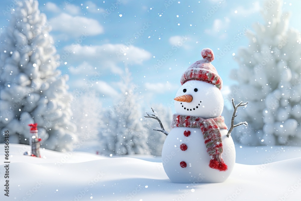 Christmas and New Year's greeting card with a jolly snowman with checkered scarf in a wintry landscape. Cold winter snowy landscape with spruce trees.
