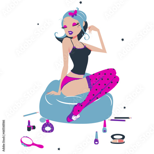 seductive young woman in colored lingerie with heart, cute cartoon pinup girl. Beautiful blonde girl in sexy underwear. Cartoon character. Isolated.