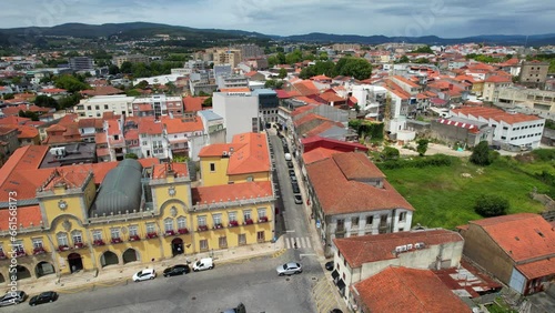 Epic Aerial view of Barcelos City Hall and the downtown, district of Braga, Portugal.