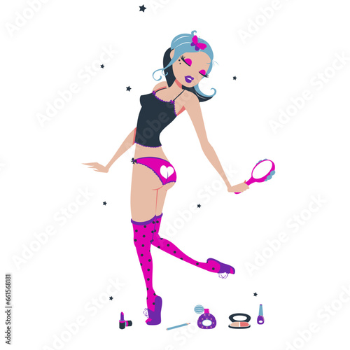 seductive young woman in colored lingerie with heart, cute cartoon pinup girl. Beautiful blonde girl in sexy underwear. Cartoon character. Isolated.