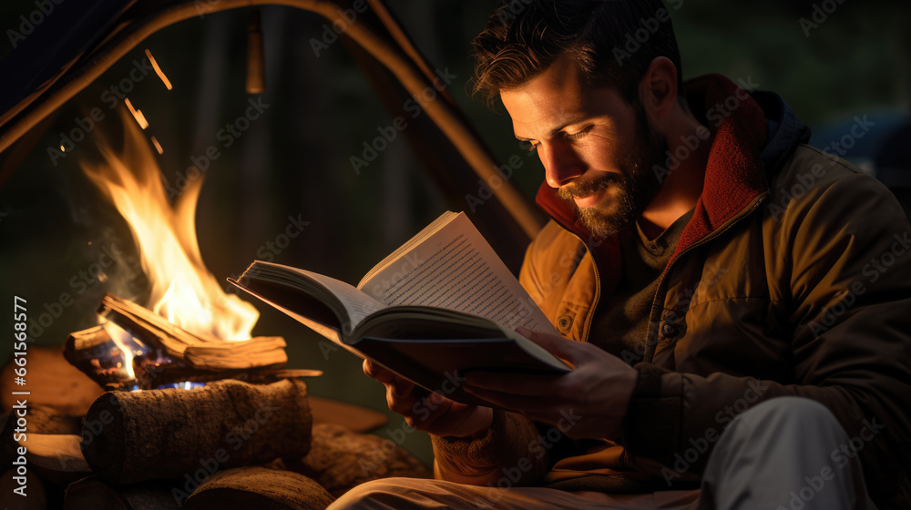 Man reading a book sitting by the fire