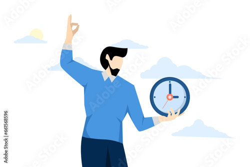 Punctuality concept, being on time for an appointment or schedule, completing work according to a deadline or time, time management, punctual businessman holding a clock with the right time.