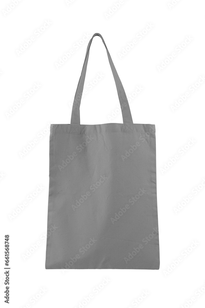 Fabric cotton, linen shopping sack, tote bag isolated on white, transparent background, PNG. Reusable gray grocery shopping bag, mockup, template for design, copy space. Eco friendly, zero waste