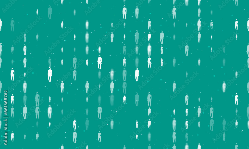 Seamless background pattern of evenly spaced white burkini symbols of different sizes and opacity. Vector illustration on teal background with stars Seamless background pattern of evenly spaced white burkini symbols of different sizes and opacity. Vector illustration on teal background with stars