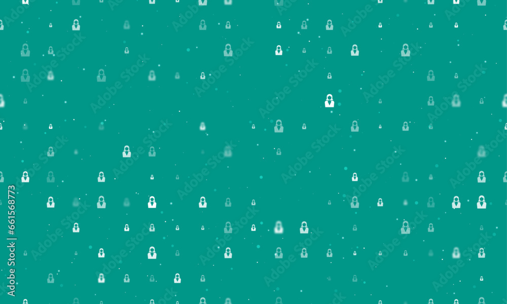 Seamless background pattern of evenly spaced white business woman symbols of different sizes and opacity. Vector illustration on teal background with stars Seamless background pattern of evenly spaced white business woman symbols of different sizes and opacity. Vector illustration on teal background with stars
