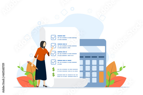 Project cost estimation concept, calculating budget or resources to complete work, financial plan, invoice or tax, expenses or loans, businesswoman with cost estimate calculator from project documents