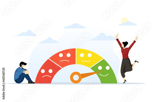 Concept of emotional overload, stress level, fatigue, increased productivity, tiring, boring, positive, employee frustration in work. character is on a mood scale. Vector illustration in flat design.