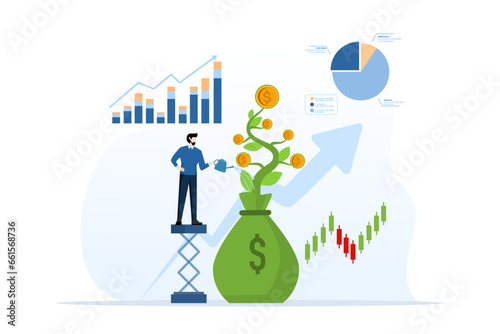 Investment growth concept, increasing wealth from stock market or trading, growing money to gain profit from savings, mutual funds or assets, businessman throws money with increasing financial graph.