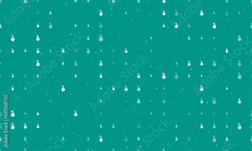 Seamless background pattern of evenly spaced white bomb symbols of different sizes and opacity. Vector illustration on teal background with stars