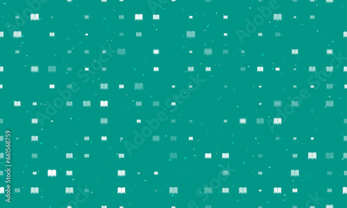 Seamless background pattern of evenly spaced white book symbols of different sizes and opacity. Vector illustration on teal background with stars