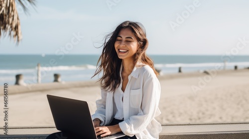 Happy Asian woman working as a freelance freelancer near the ocean, feeling content. The girl makes an online purchase.