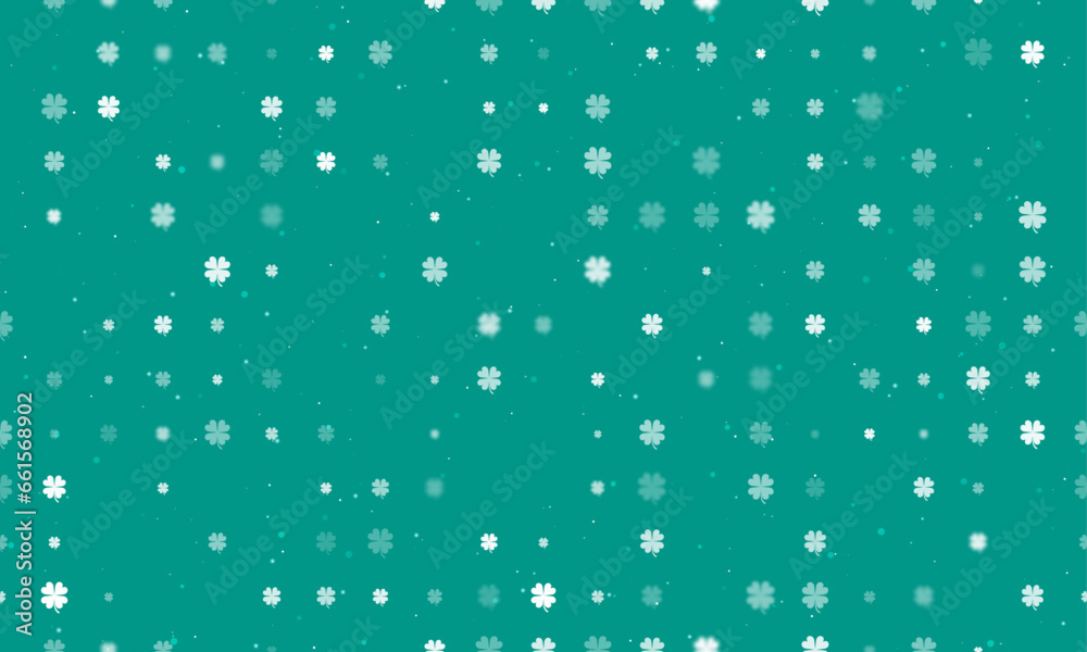 Seamless background pattern of evenly spaced white four-leaf clover symbols of different sizes and opacity. Vector illustration on teal background with stars
