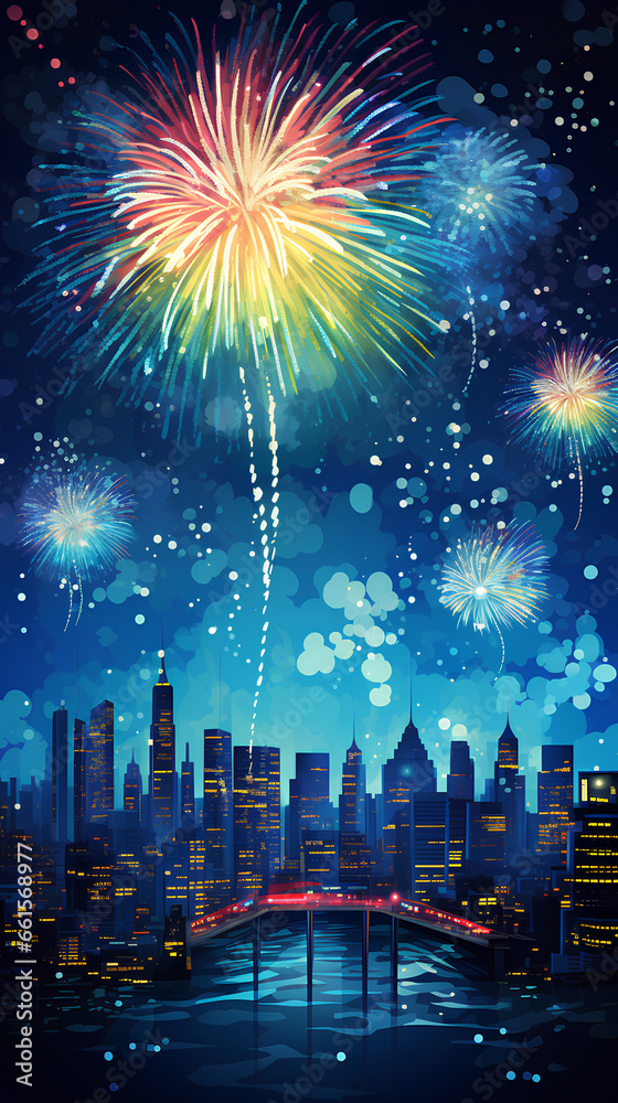 illustration of a city background with a sea view with a New Year theme illustration of a city background with a sea view with a New Year theme