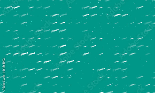 Seamless background pattern of evenly spaced white comet symbols of different sizes and opacity. Vector illustration on teal background with stars
