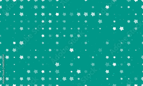 Seamless background pattern of evenly spaced white forget-me-not flowers of different sizes and opacity. Vector illustration on teal background with stars