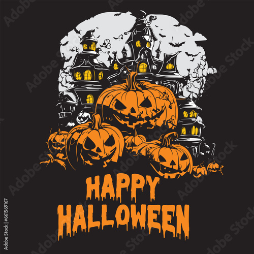 Halloween  pumpkin horror Forest with a full moon light tress bats Smook Night nature poster illustration  photo