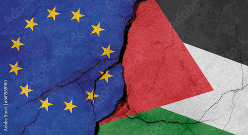 EU and Palestine flags, concrete wall texture with cracks, grunge background, military conflict concept