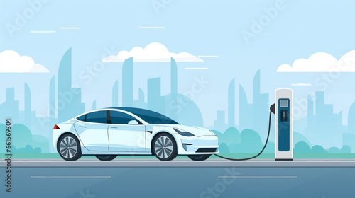 copy space, flat 2D vector illustration, hand drawn, copy space, electric cars charging at Modern fast electric vehicle chargers in carpark. Green energy, renewable energy, sustainable energy. Electri photo