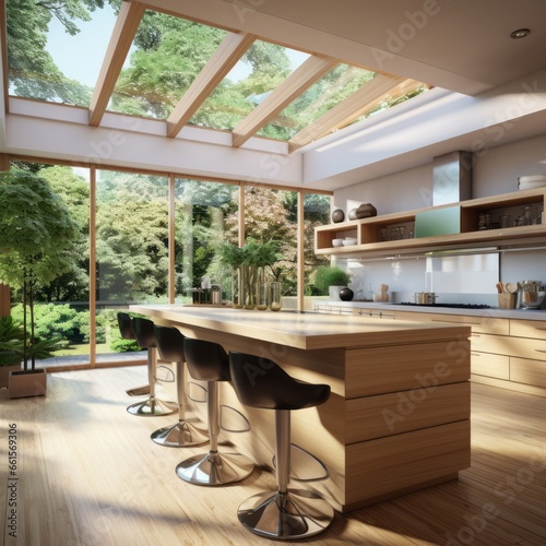 modern spacious kitchen with large windows