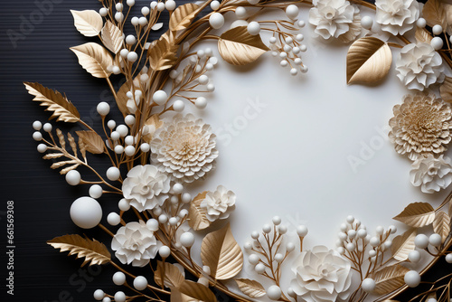 Flowers and white and golden Christmas decorations on a dark background with space for inserting text and logos, Christmas theme