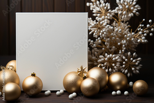 Flowers and white and golden Christmas decorations on a dark background with space for inserting text and logos, Christmas theme