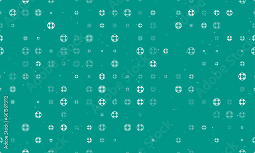 Seamless background pattern of evenly spaced white lifebuoy symbols of different sizes and opacity. Vector illustration on teal background with stars