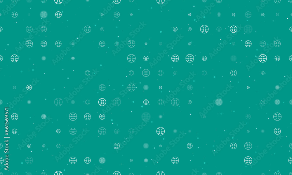Seamless background pattern of evenly spaced white microcircuit symbols of different sizes and opacity. Vector illustration on teal background with stars