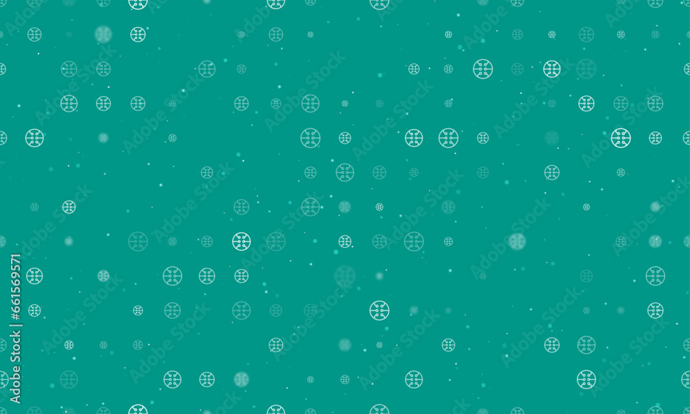 Seamless background pattern of evenly spaced white microcircuit symbols of different sizes and opacity. Vector illustration on teal background with stars Seamless background pattern of evenly spaced white microcircuit symbols of different sizes and opacity. Vector illustration on teal background with stars