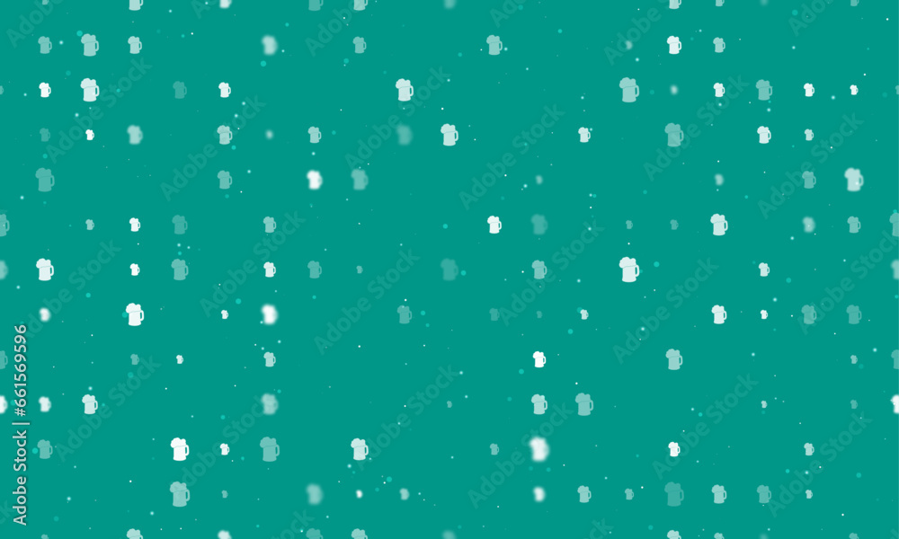 Seamless background pattern of evenly spaced white mug beer symbols of different sizes and opacity. Vector illustration on teal background with stars