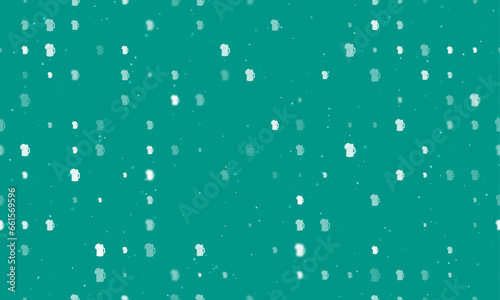 Seamless background pattern of evenly spaced white mug beer symbols of different sizes and opacity. Vector illustration on teal background with stars