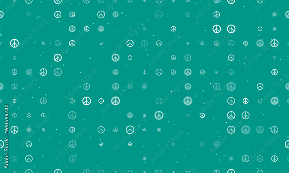 Seamless background pattern of evenly spaced white peace symbols of different sizes and opacity. Vector illustration on teal background with stars