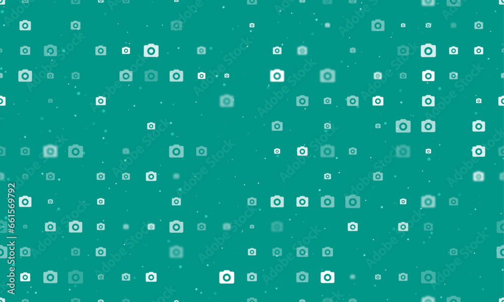 Seamless background pattern of evenly spaced white photo camera symbols of different sizes and opacity. Vector illustration on teal background with stars Seamless background pattern of evenly spaced white photo camera symbols of different sizes and opacity. Vector illustration on teal background with stars